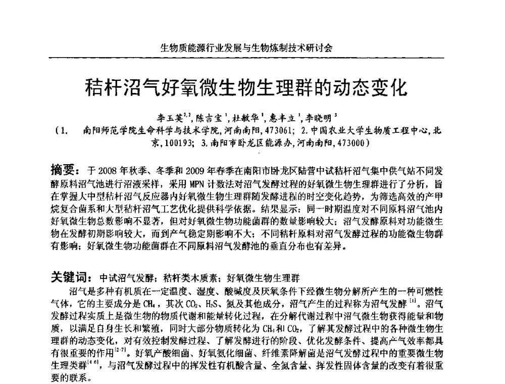 秸杆沼气好氧微生物生理群的动态变化 - 生物质能源行业发展与生物炼制技术研讨会
