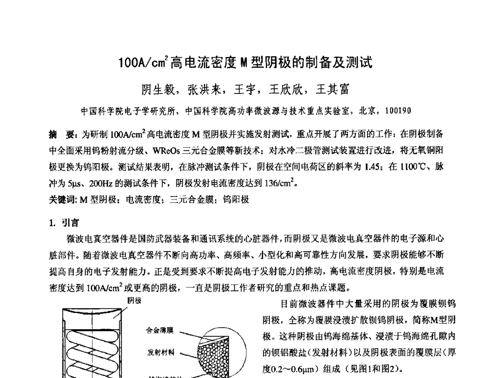 100A_cm2高电流密度M型阴极的制备及测试 - 中国电子学会真空电子学分会第十七届学术年会暨军用微波管研讨会