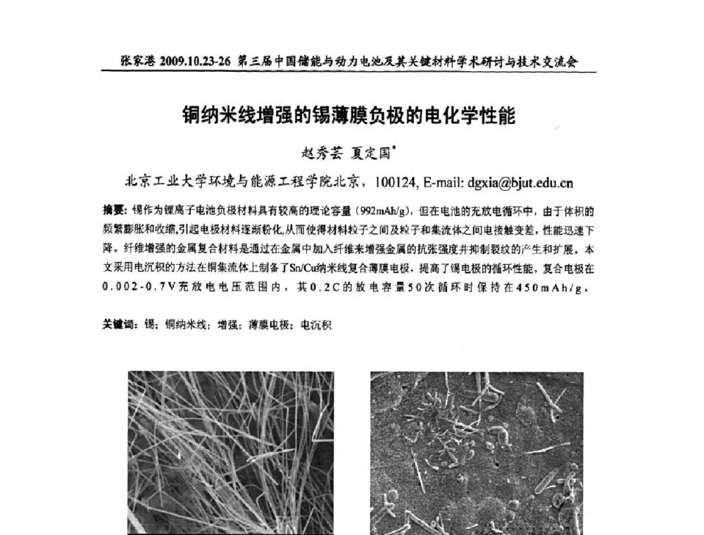 铜纳米线增强的锡薄膜负极的电化学性能 - 第三届中国储能与动力电池及其关键材料学术研讨与技术交流会