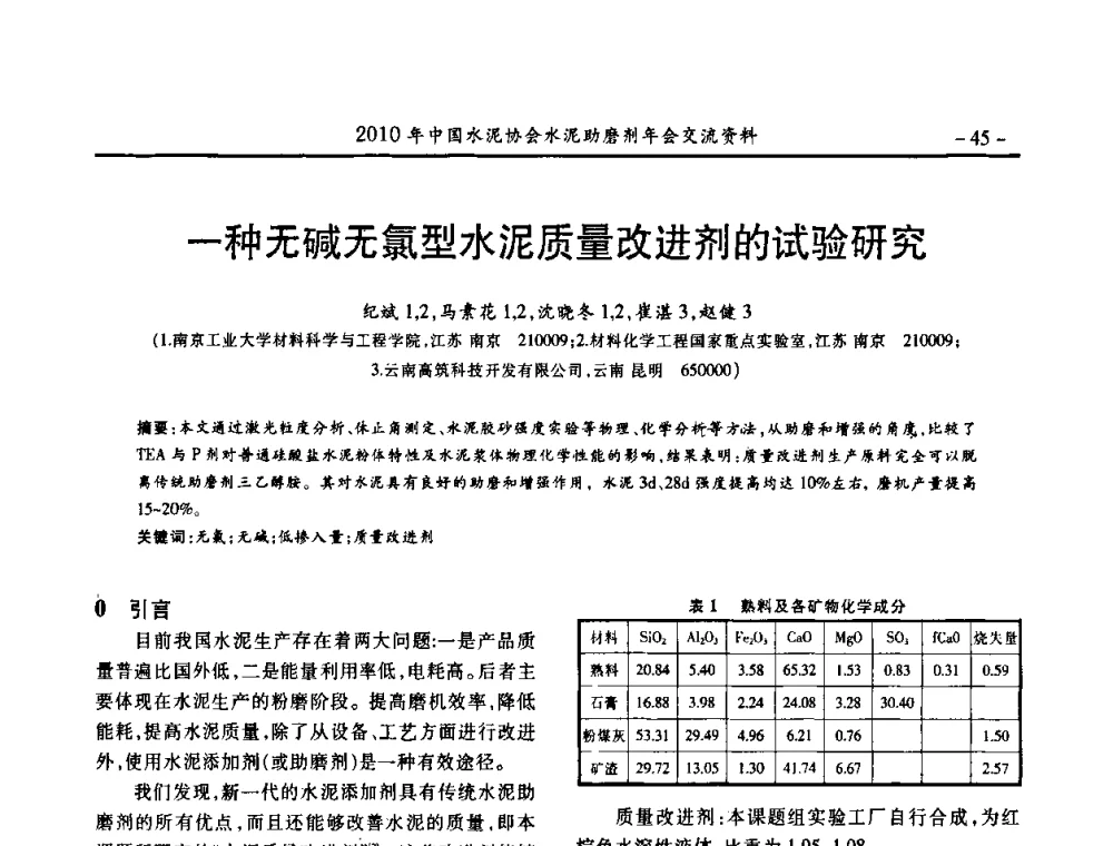 一种无碱无氯型水泥质量改进剂的试验研究 - 2010年中国水泥协会水泥助磨剂年会