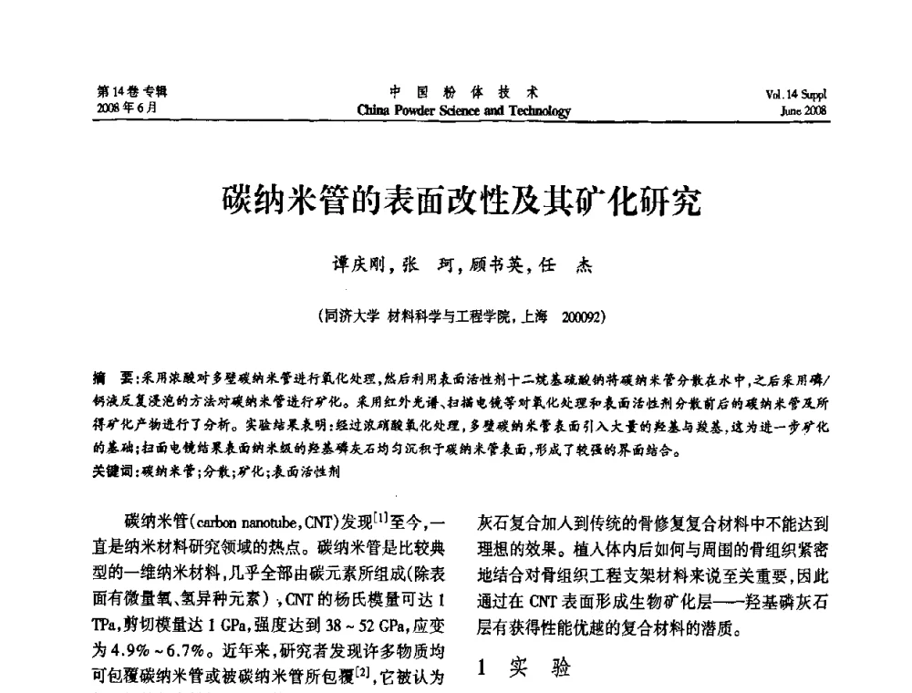 碳纳米管的表面改性及其矿化研究 - 第七届全国颗粒测试学术会议暨2008上海市颗粒学会年会