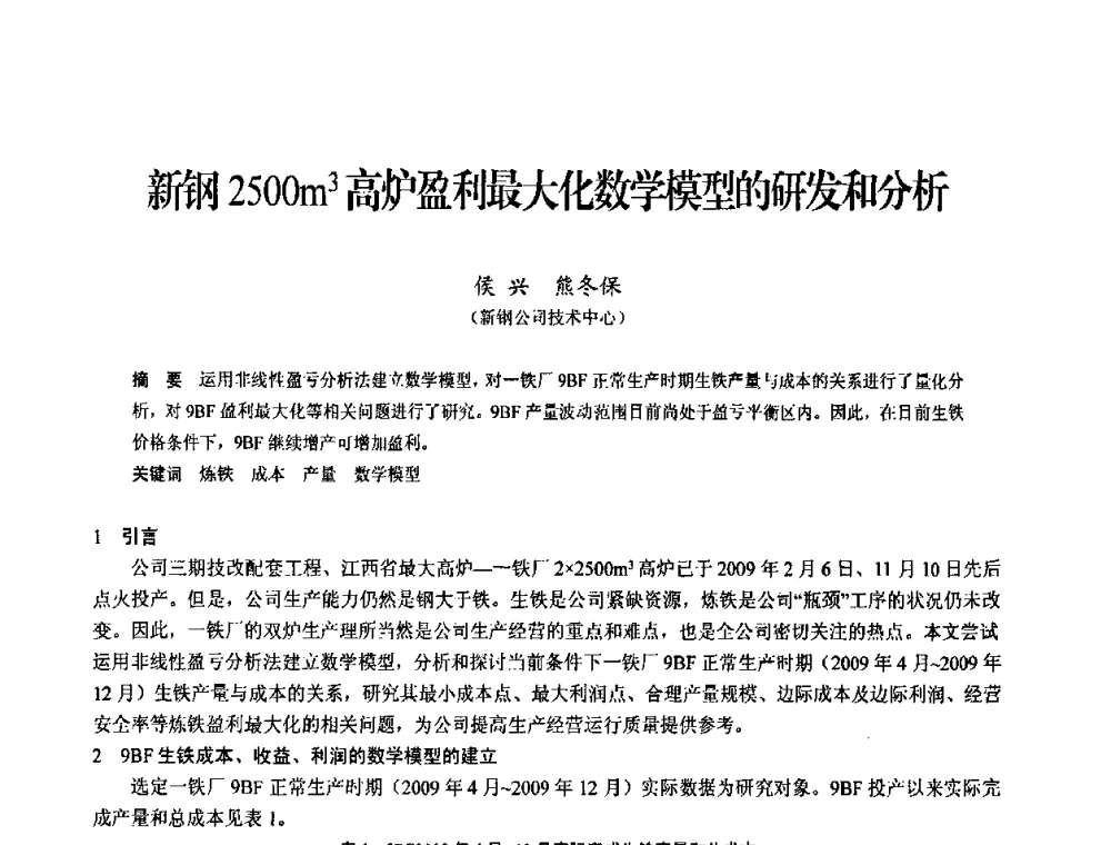 新钢2500m3高炉盈利最大化数学模型的研发和分析 - 2010中小高炉炼铁学术年会