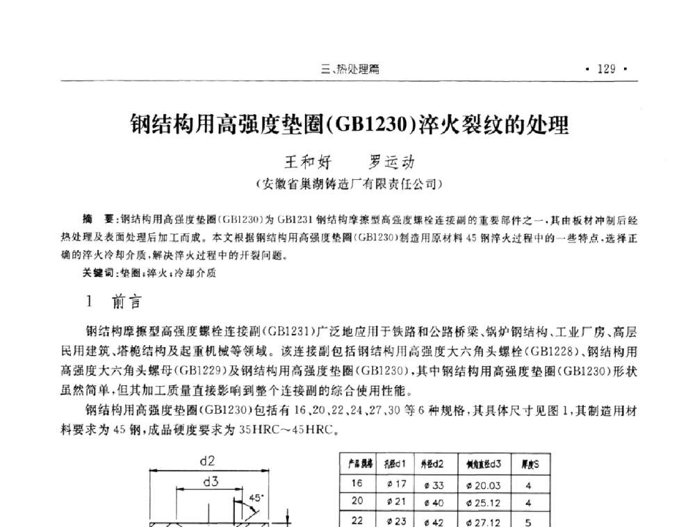 钢结构用高强度垫圈(GB1230)淬火裂纹的处理 - 2008年安徽省科协年会机械工程分年会