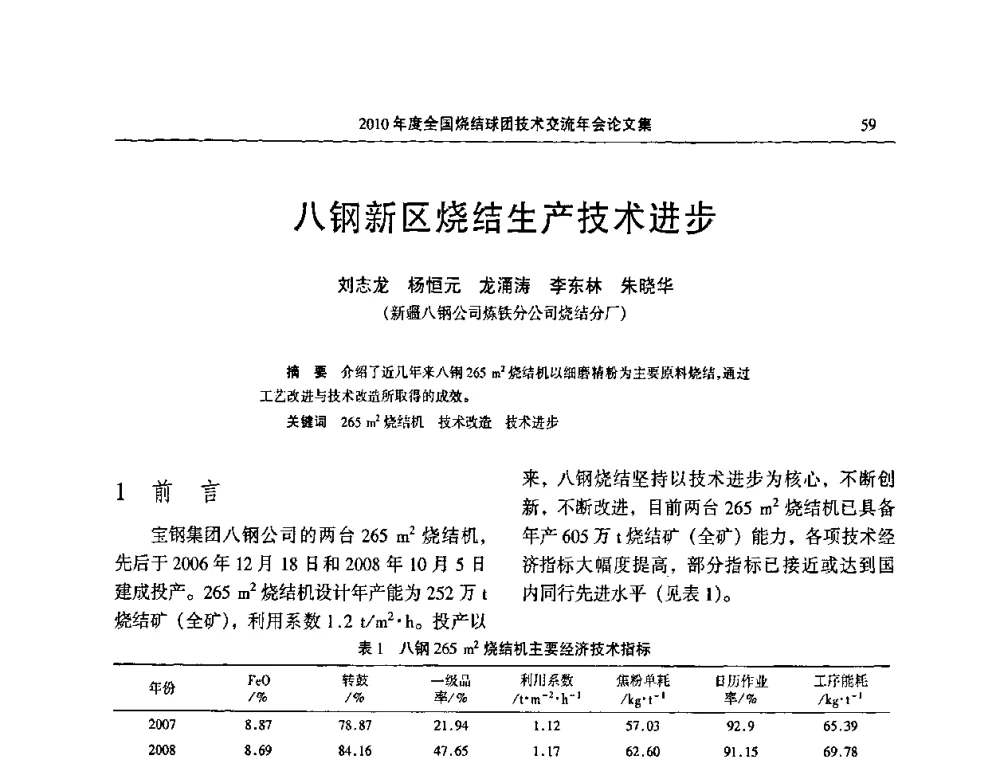 八钢新区烧结生产技术进步 - 2010年度全国烧结球团技术交流年会