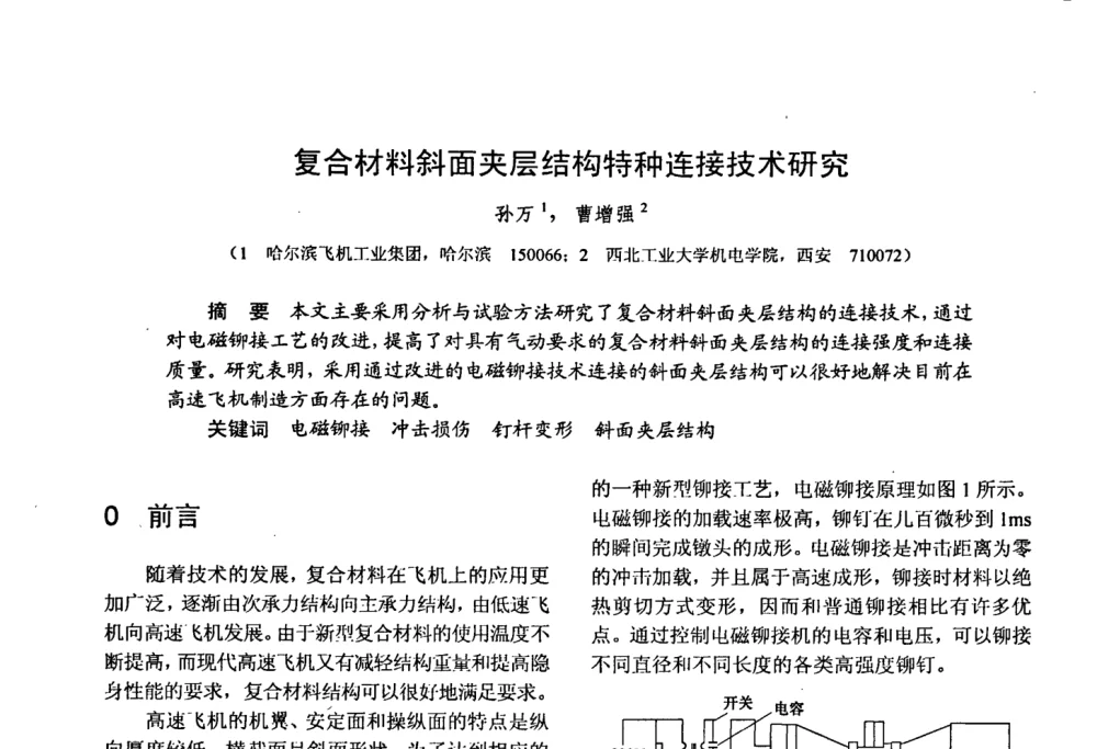 复合材料斜面夹层结构特种连接技术研究 - 第十五届全国复合材料学术会议
