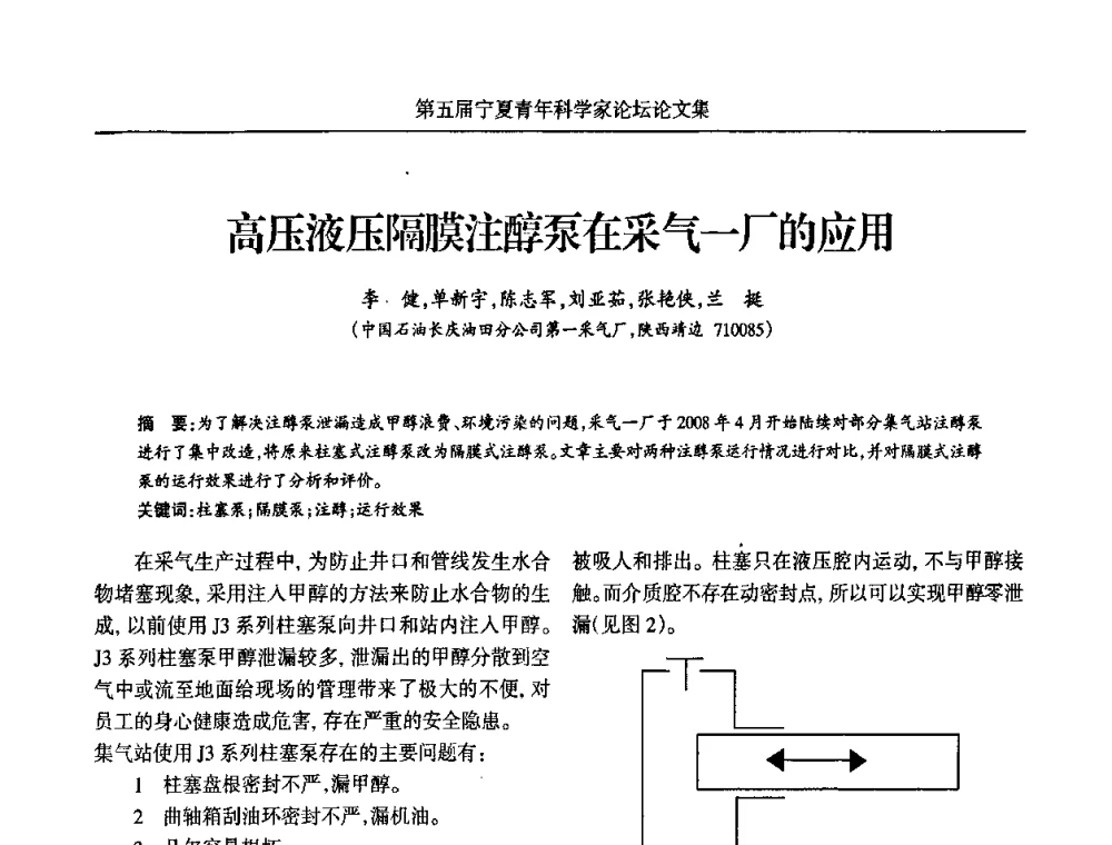高压液压隔膜注醇泵在采气一厂的应用 - 宁夏第五届青年科学家论坛