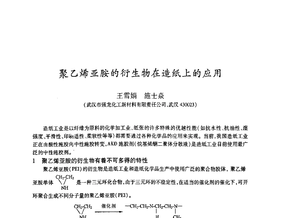 聚乙烯亚胺的衍生物在造纸上的应用 - 2008（第十五届）全国造纸化学品开发应用技术研讨会