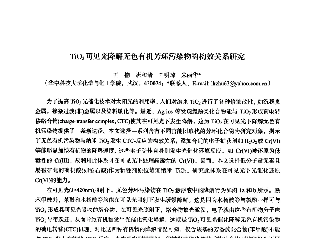 TiO2可见光降解无色有机芳环污染物的构效关系研究 - 湖北省化学化工学会环境化学化工专业委员会2009年学术年会