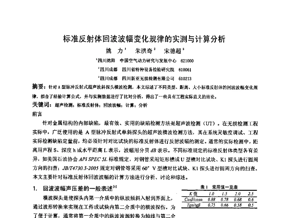 标准反射体回波波幅变化规律的实测与计算分析 - 2009全国射线检测新技术研讨会暨西南地区第十届NDT学术交流会